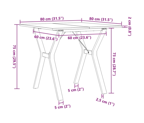 Mesa de comedor marco Y madera maciza pino y hierro 80x80x75 cm