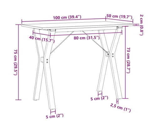 Mesa de comedor marco Y madera maciza pino y hierro 100x50x75cm