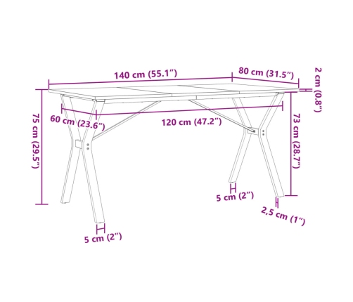 Mesa de comedor marco Y madera maciza pino y hierro 140x80x75cm