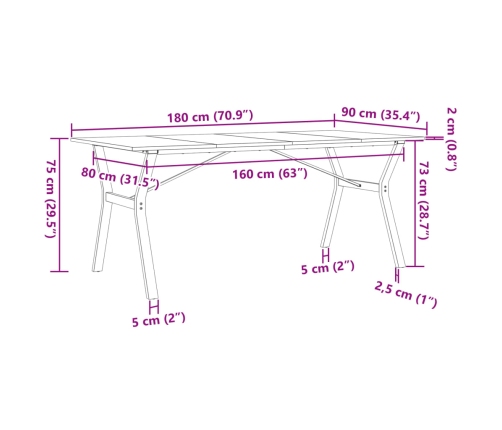 Mesa de comedor marco Y madera maciza pino y acero 180x90x75cm