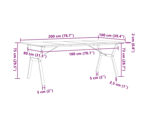 Mesa de comedor marco Y madera maciza pino y acero 200x100x75cm