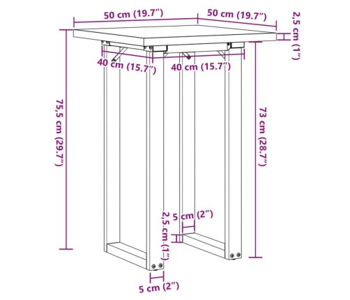 Mesa de comedor marco O madera maciza pino y acero 50x50x75,5cm