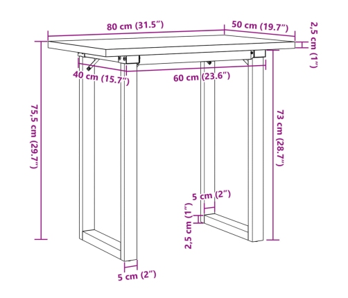 Mesa de comedor marco O madera maciza pino y acero 80x50x75,5cm