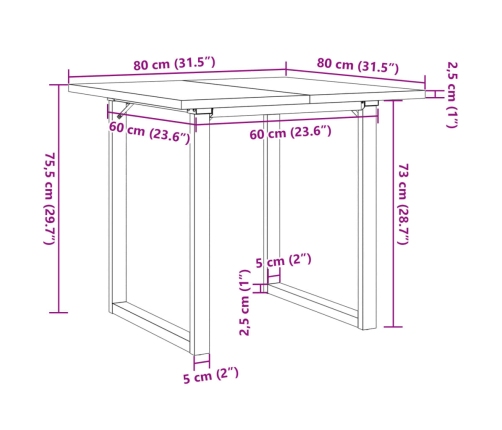 Mesa comedor marco O madera maciza pino y hierro 80x80x75,5 cm