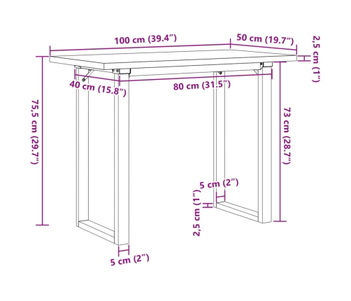 Mesa comedor marco O madera maciza pino y hierro 100x50x75,5 cm