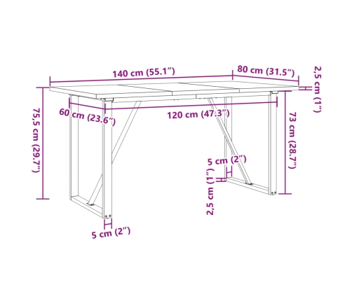 Mesa comedor marco O madera maciza pino y hierro 140x80x75,5 cm