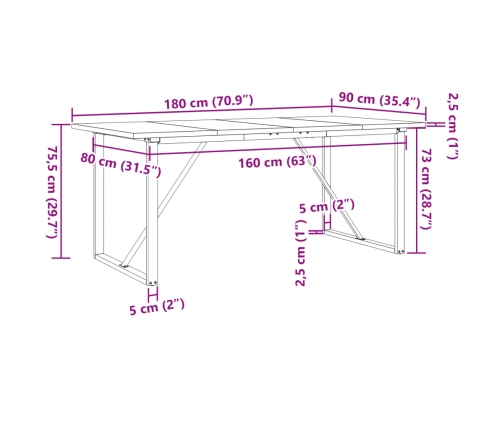 Mesa comedor marco O madera maciza pino y hierro 180x90x75,5 cm