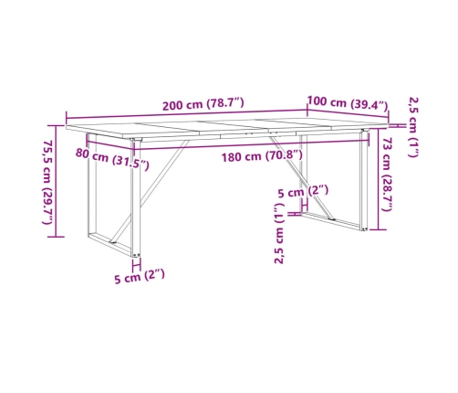 Mesa comedor marco O madera maciza pino y hierro 200x100x75,5cm