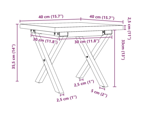 Mesa de centro marco X madera maciza pino y acero 40x40x35,5 cm