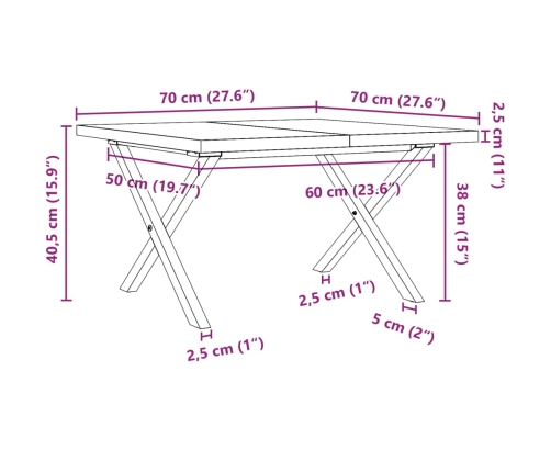 Mesa de centro marco X madera maciza pino y acero 70x70x40,5 cm