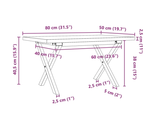 Mesa de centro marco X madera maciza pino y acero 80x50x40,5 cm