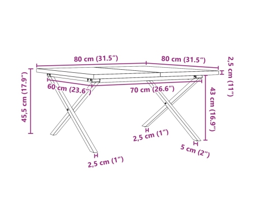 Mesa de centro marco X madera maciza pino y acero 80x80x45,5 cm