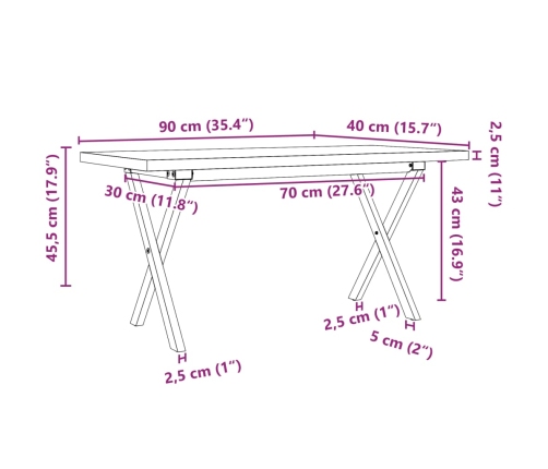 Mesa de centro marco X madera maciza pino y hierro 90x40x45,5cm