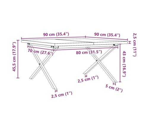 Mesa de centro marco X madera maciza pino y acero 90x90x45,5 cm