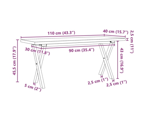 Mesa de centro marco X madera maciza pino y acero 110x40x45,5cm