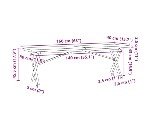 Mesa de centro marco X madera maciza pino y acero 160x40x45,5cm