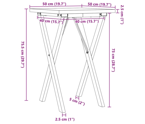 Mesa de comedor marco X madera maciza pino y acero 50x50x75,5cm