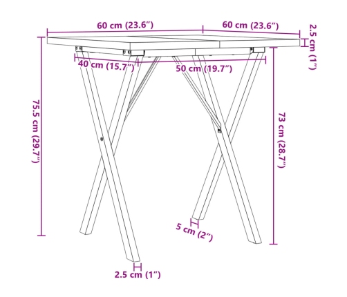 Mesa de comedor marco X madera maciza pino y acero 60x60x75,5cm