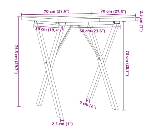 Mesa de comedor marco X madera maciza pino y acero 70x70x75,5cm