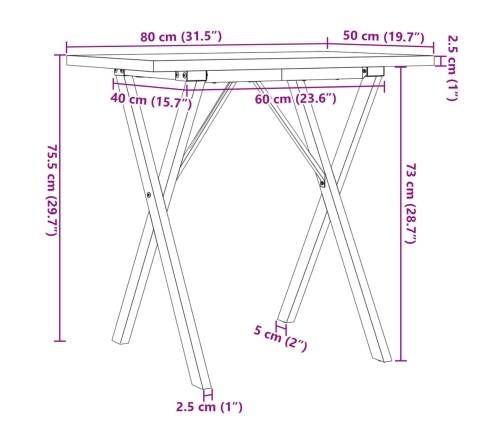 Mesa de comedor marco X madera maciza pino y acero 80x50x75,5cm