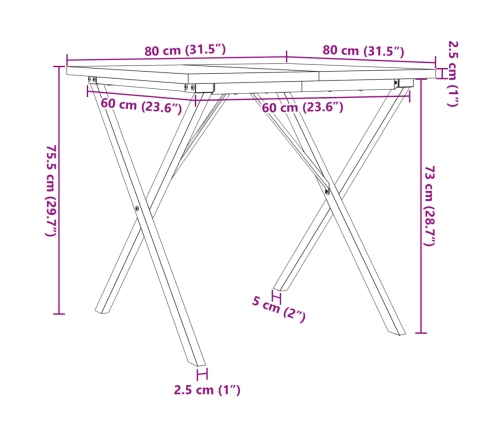 Mesa de comedor marco X madera maciza pino y acero 80x80x75,5cm