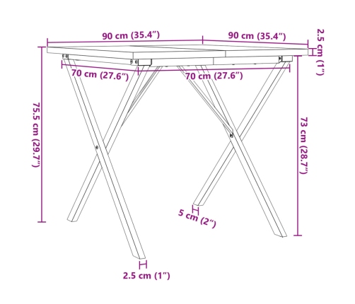 Mesa comedor marco X madera maciza pino y hierro 90x90x75,5 cm