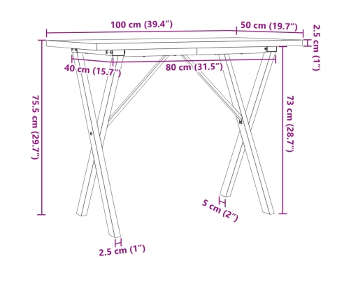 Mesa de comedor marco X madera maciza pino acero 100x50x75,5 cm