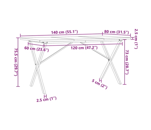 Mesa de comedor marco X madera maciza pino acero 140x80x75,5 cm