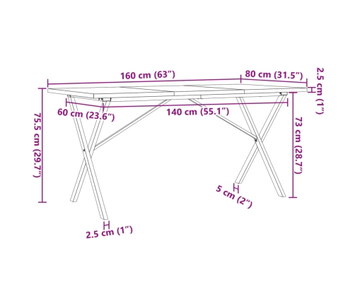 Mesa de comedor marco X madera maciza pino acero 160x80x75,5 cm