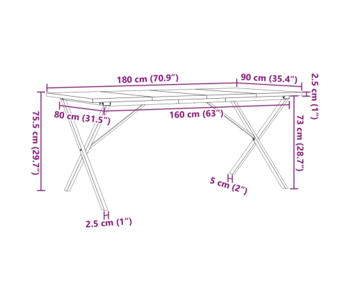 Mesa de comedor marco X madera maciza pino acero 180x90x75,5 cm