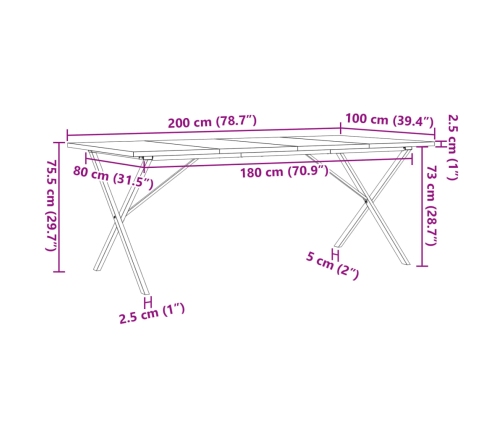 Mesa de comedor marco X madera maciza pino acero 200x100x75,5cm