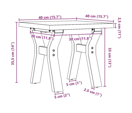 Mesa de centro marco Y madera maciza pino y acero 40x40x35,5 cm