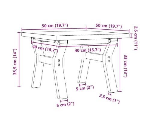 vidaXL Mesa de centro marco Y madera maciza pino y hierro 50x50x35,5cm