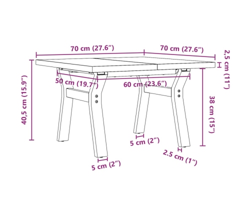 Mesa de centro marco Y madera maciza pino y acero 70x70x40,5 cm