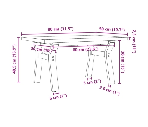 Mesa de centro marco Y madera maciza pino y acero 80x50x40,5 cm