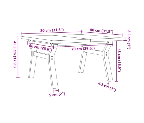 Mesa de centro marco Y madera maciza pino y acero 80x80x45,5 cm