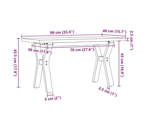 vidaXL Mesa de centro marco Y madera maciza pino y hierro 90x40x45,5cm