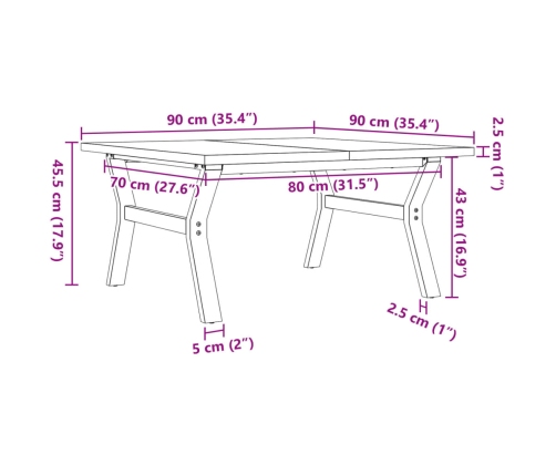 Mesa de centro marco Y madera maciza pino y acero 90x90x45,5 cm