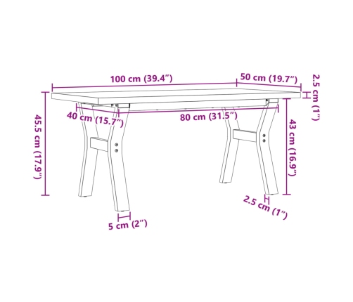 Mesa de centro marco Y madera maciza pino y acero 100x50x45,5cm