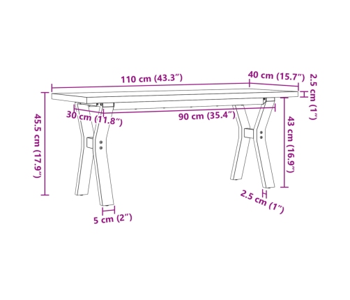 Mesa de centro marco Y madera maciza pino y acero 110x40x45,5cm