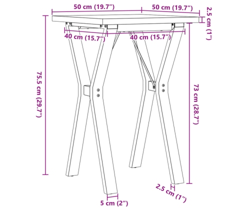 Mesa de comedor marco Y madera maciza pino y acero 50x50x75,5cm
