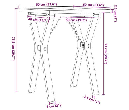 Mesa de comedor marco Y madera maciza pino y acero 60x60x75,5cm