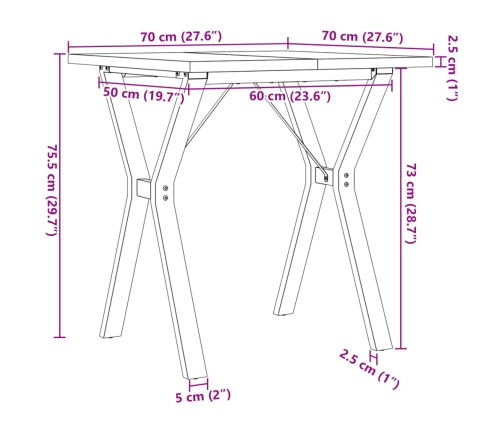 Mesa de comedor marco Y madera maciza pino y acero 70x70x75,5cm