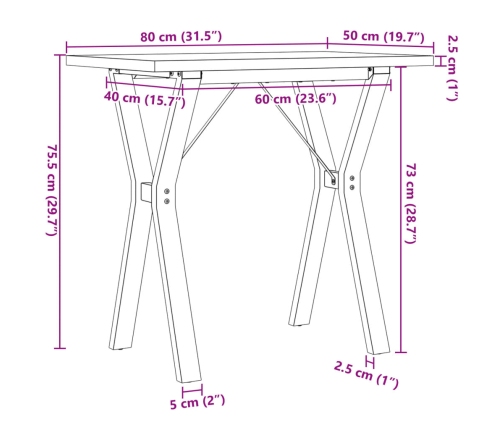 Mesa de comedor marco Y madera maciza pino y acero 80x50x75,5cm