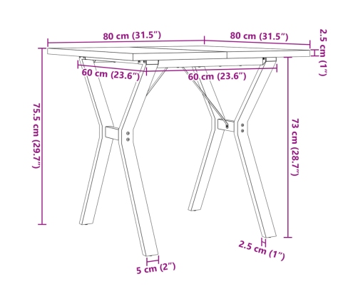 Mesa de comedor marco Y madera maciza pino y acero 80x80x75,5cm