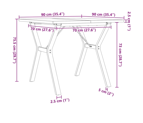 Mesa de comedor marco Y madera maciza pino y acero 90x90x75,5cm