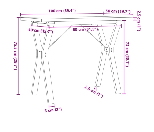 Mesa de comedor marco Y madera maciza pino acero 100x50x75,5 cm