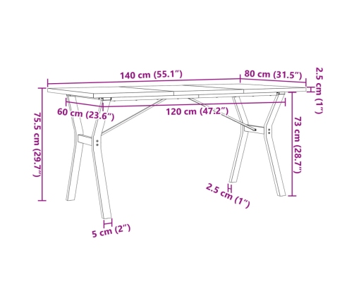 Mesa de comedor marco Y madera maciza pino acero 140x80x75,5 cm