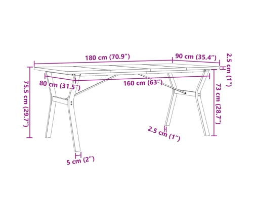 Mesa de comedor marco Y madera maciza pino acero 180x90x75,5 cm