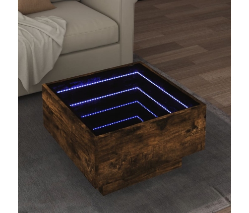 Mesa de centro y LED madera ingeniería roble ahumado 50x50x30cm